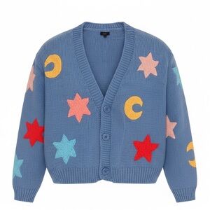 Debut Blue Cardigan w/large star & moon appliques, kidcore, primary colors, sz L